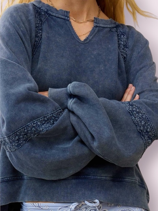 aerie Tops - Aerie Hey Crochet Mineral Wash Blue Sweatshirt Crochet Lace Detail Oversize XS
